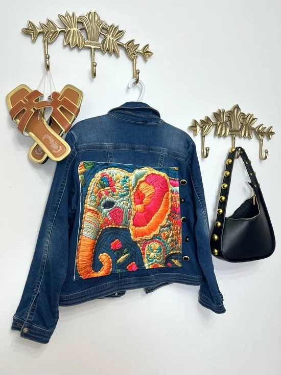 “Empress Elephant Upcycled Denim Jacket” Xl - Picture 2 of 7
